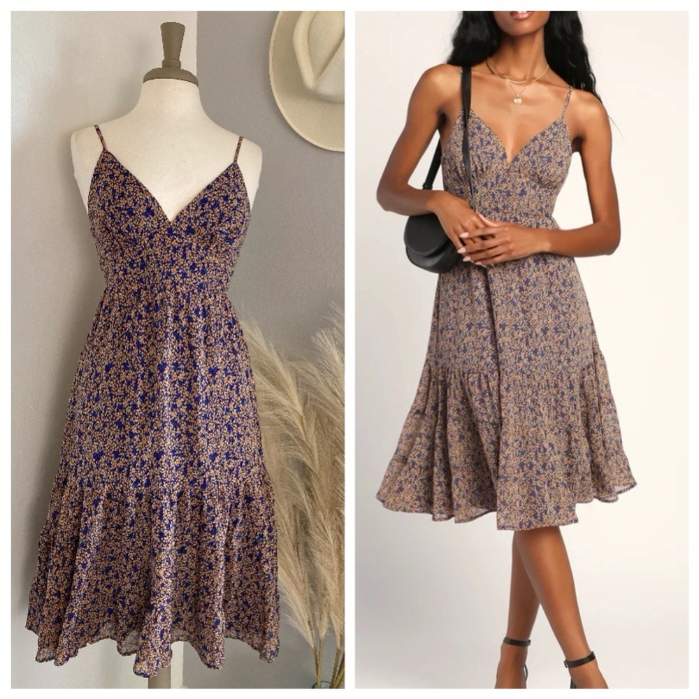 ❤️ Lulus Feeling Flowerful Navy Blue Floral Print Tie-Back Midi Dress